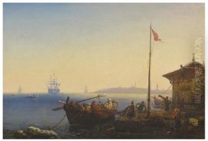 Vue Du Bosphore Avec Turcs En Barque, Voiliers Et La Grande Mosquee D'istanbul