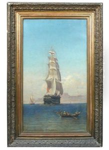 A Man-of-war Off A Mountainous Landscape, With Turks In A Rowing Boat by Louis Lottier
