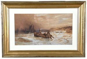 Stormy Seas With Boat On Coastline by Charles Bentley