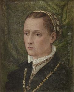 Portrait Of A Lady In A Black Dress And A White Collar, Wearing A Gold Chain, Before A Green Velvet Curtain