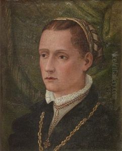 Portrait Of A Lady, In A Black Dress And A White Collar, Wearing A Gold Chain, Before A Green Velvet Curtain