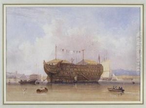 A Hulk At Anchor Near A Port, Possibly Portsmouth by Charles Bentley