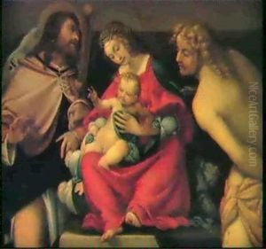 The Madonna And Child With Saints Roche And Sebastian by Lorenzo Lotto