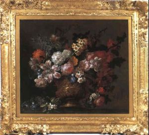 Blumenstrauss Von Tulpen Wicken, Pfingstrosen, Nelken, Flieder, Rosen In Einer Skulptierten Prunkvase by Johannes Lotyn