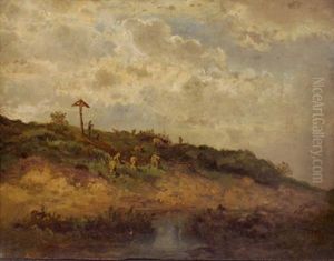 Landschaft Mit Schafhirte Und Wegkreuz by Moritz Eduard Lotze