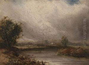 River Landscape With Fisherman, Cattle And Trees (+ Another, Sketch, Verso) by Thomas Lound