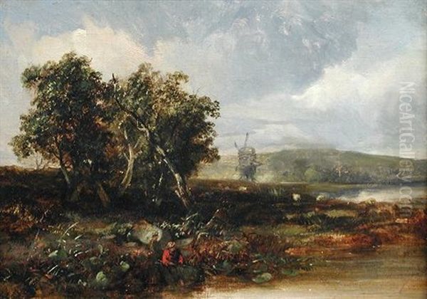 Norfolk Landscape With Fishermen By A Windmill - view 1