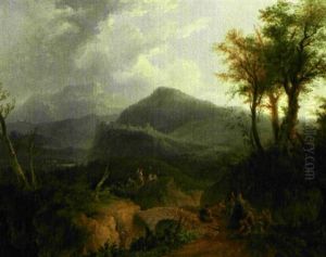 Gebirgslandschaft Mit Befestigter Stadt Und Lagernden Soldaten