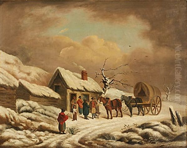Byscen I Vinter Med Ekipage Och Figurer - view 1