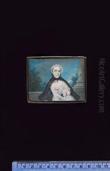 Beatrix Mollinger, Wearing White Dress Decorated With Pale Pink Bows At The Corsage And Sleeves, Black Cape With Lace Border, White Indoor Cap Decorated With Pink Bow, Her Hair Powdered - view 1