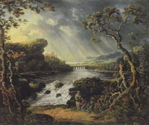 Fluslandschaft Mit Einer Burgruine, Einer Steinernen Bogenbrucke Und Figuren