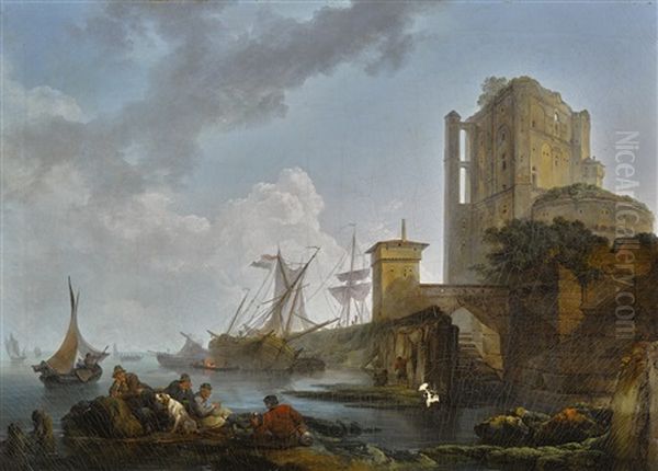 A Calm: A Harbour Scene, With Fishermen Resting Near Ruins - view 1