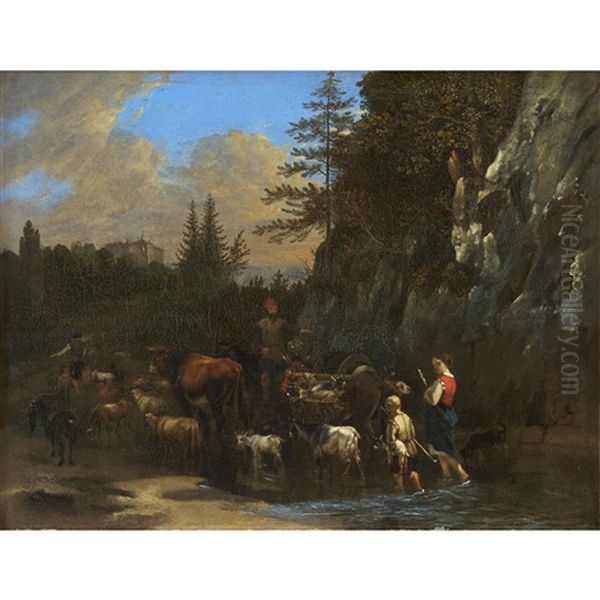Herders With Their Flock Crossing A Stream - view 1