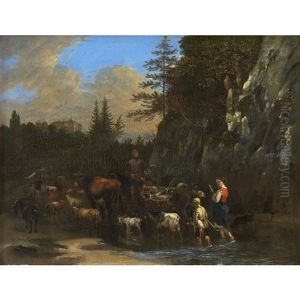 Herders With Their Flock Crossing A Stream by Philip James de Loutherbourg