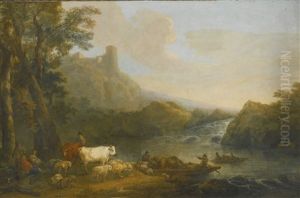 A Rocky Landscape With Figures Ferrying Livestock Across A River by Philip James de Loutherbourg