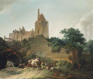A View Of A Castle With A Herdsman, His Sheep, Goats And A Donkey
