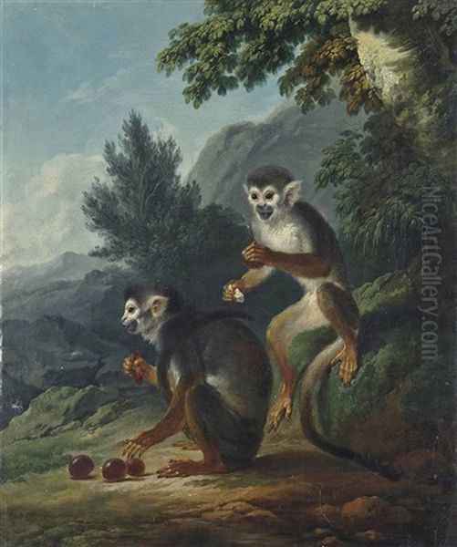 A Wooded Landscape With Two Monkeys Eating Grapes - view 1