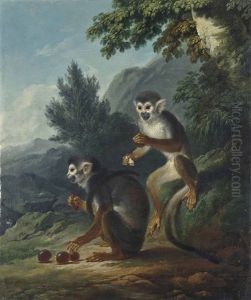 A Wooded Landscape With Two Monkeys Eating Grapes by Philip James de Loutherbourg