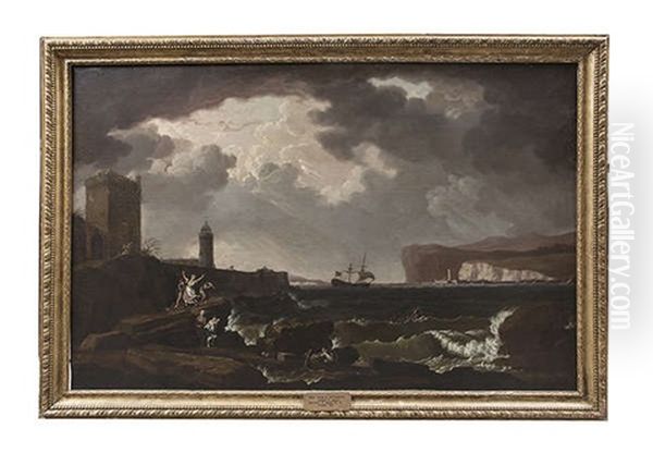 Figures Beaching Boats In A Stormy Coastal Landscape - view 1