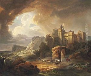 A Rocky River Landscape With A Castle And A Drover With His Herd