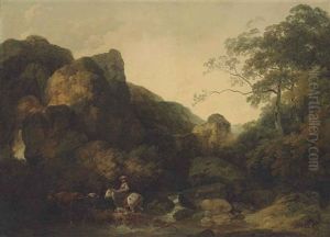 A Rocky Wooded Landscape With A Shepherdess On Horseback Crossing A River