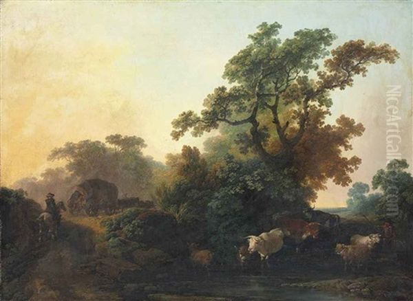 A Wooded Landscape With Cattle In A Stream And Figures By A Waggon On A Track - view 1