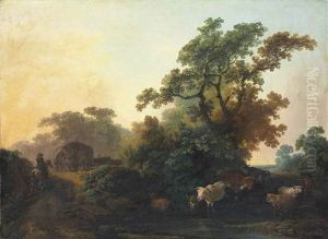 A Wooded Landscape With Cattle In A Stream And Figures By A Waggon On A Track