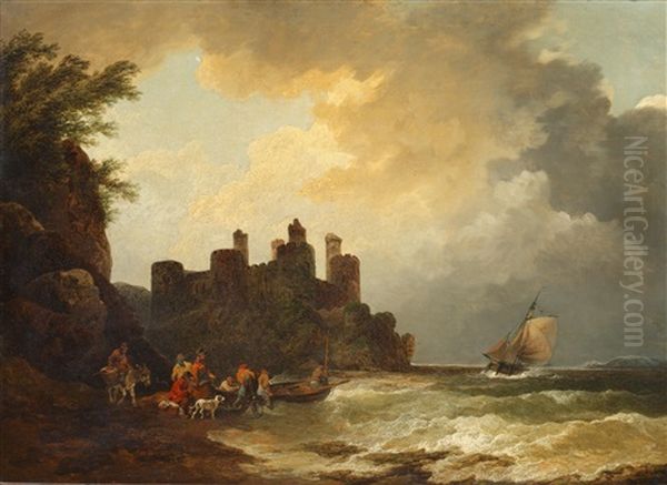 Figures On A Rocky Shoreline, Before A Castle - view 1