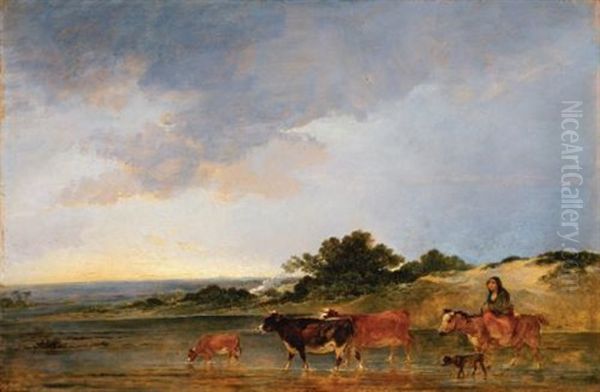 A Mounted Peasant And Her Cattle Fording A Stream - view 1