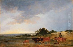 A Mounted Peasant And Her Cattle Fording A Stream by Philip James de Loutherbourg