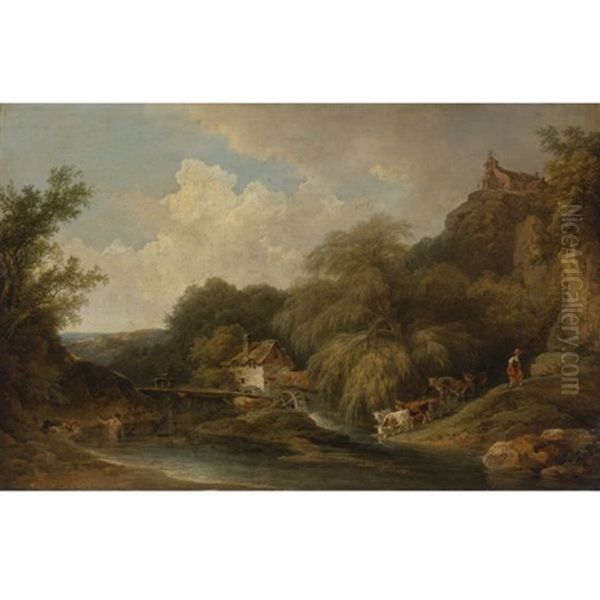 Watermill With Pond, Cows, Dogs And Figures - view 1