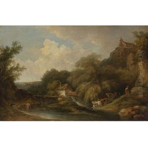 Watermill With Pond, Cows, Dogs And Figures