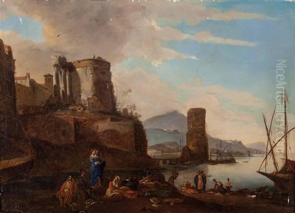 Seestuck Mit Festung, Ruinen Und Wartenden Reisenden - view 1