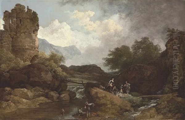 A Wooded River Landscape, With A Ruin And Travelers - view 1