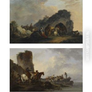 A Coastal Landcape With Figures Loading Boats Beside A Ruined Towers (+ A Landscape With Figures Resting Along A Path And Horsemen Approaching; Pair) by Philip James de Loutherbourg