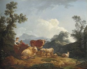 A Mountainous Wooded Landscape With A Drover And His Cattle by Philip James de Loutherbourg