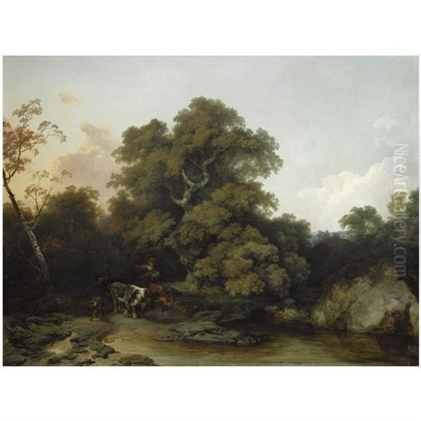 A Young Maid Watering The Cattle In A Wooded, River Landscape - view 1