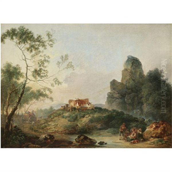 A Rocky Landscape With Herdsmen Resting Beside A Stream - view 1