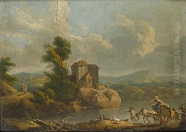 A River Landscape With A Horse And Cart Foundering On A Country Path (+ A Wooded Landscape With A Horse And Cart Fording A River; Pair) - view 1