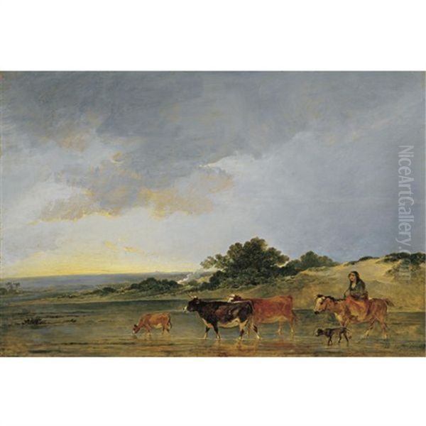 A Peasant Woman And Her Cattle Fording A Stream - view 1
