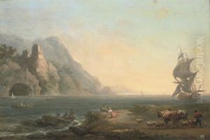 A Rocky Coastal Landscape With Fishermen And Drovers In The Foreground, A Ship Beyond A Rocky Coastal Landscape With Fishermen And Drovers In The Foreground, A Ship Beyond