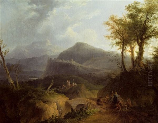 Gebirgslandschaft Mit Befistigter Stadt Und Lagernden Soldaten - view 1