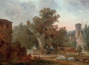 A Village Landscape With A Mule Leading Cattle, A Mother And Child At A Well