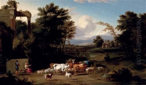 Herders And Cows Resting By Classical Ruins In An Extensive Landscape - view 1