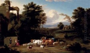 Herders And Cows Resting By Classical Ruins In An Extensive Landscape by Philip James de Loutherbourg