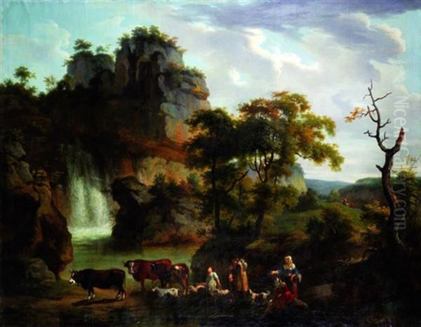 Scene Pastorale Dans Un Paysage Boise Avec Une Cascade - view 1