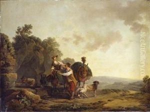 Travellers With Hounds And Heavily Laden Mules At A Well