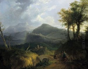Gebirgslandschaft Mit Einer Befestigten Stadt Und Lagernden Soldaten