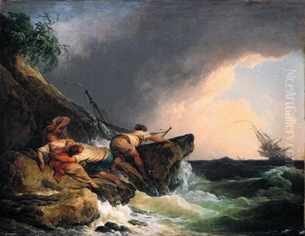 A Rocky Coastal Landscape In A Storm With A Shipwrecked Sailing Boat And People In Distress Clinging Onto A Rock - view 1