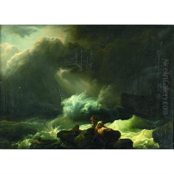 A Stormy Sea With Sailors Ship Wrecked In The Foreground - view 1